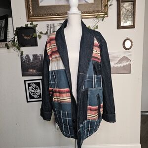 Sun + Stone Southwestern Aztec Tribal Patchwork Denim Shawl Jacket Size XL